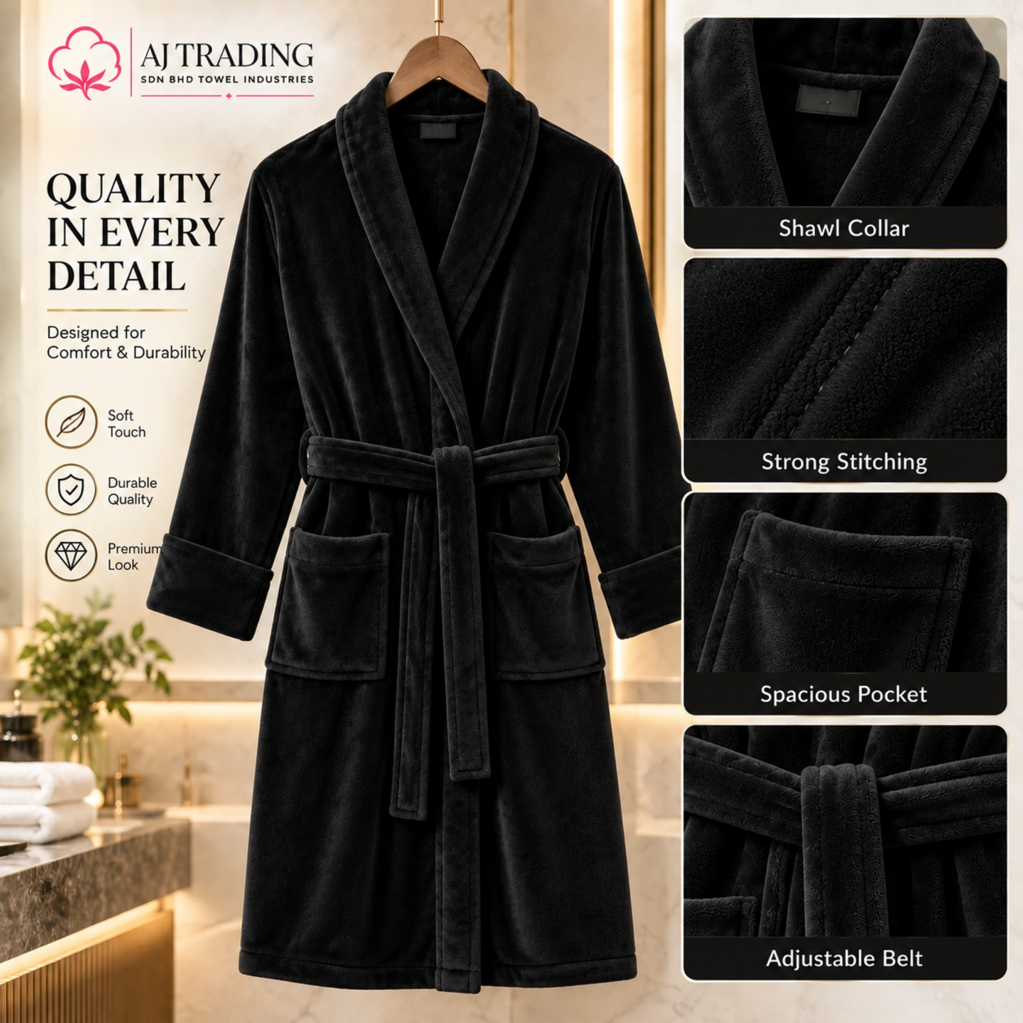 Fleece Bathrobe with Adjustable Waist Belt and Strong Stitching