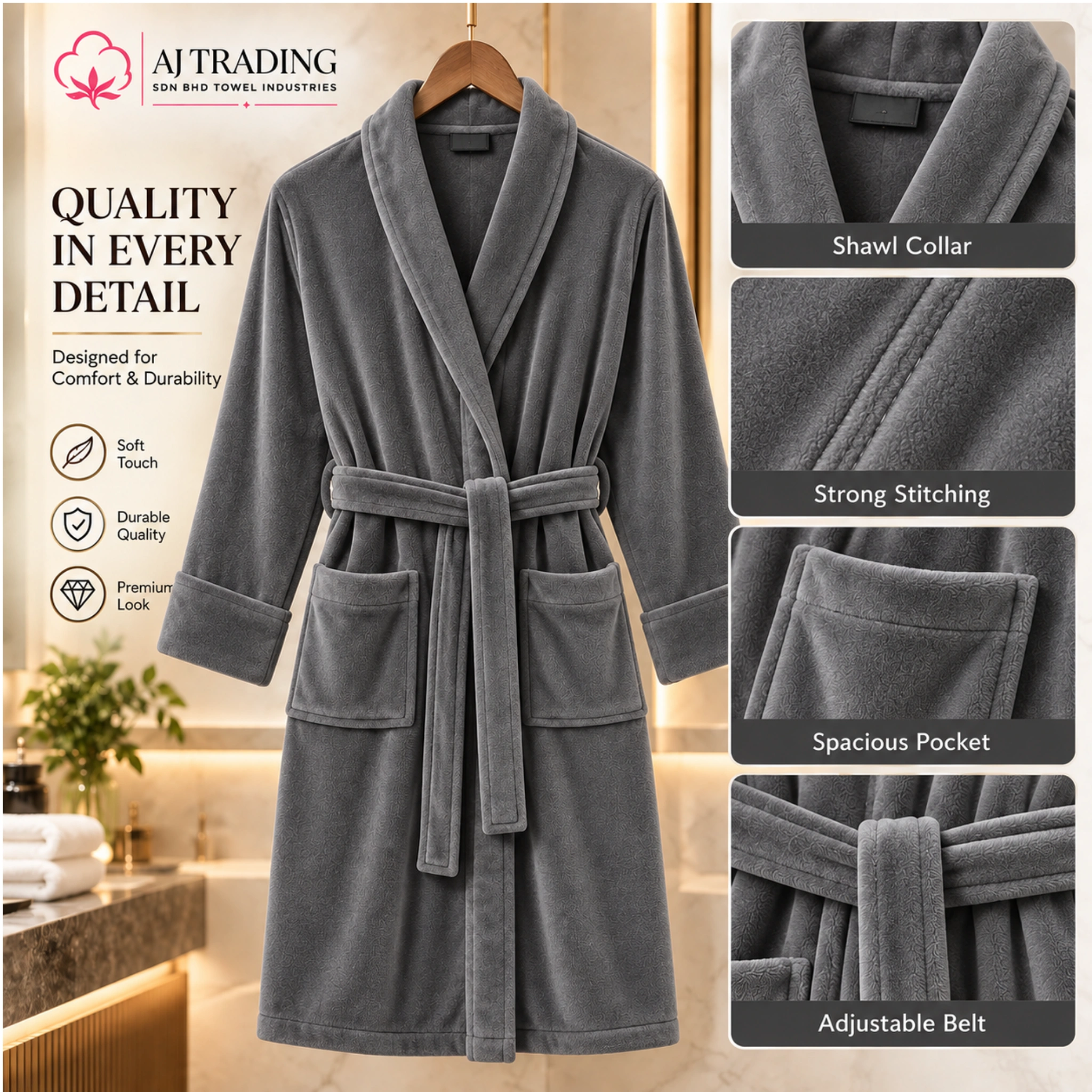 Fleece Bathrobe with Adjustable Waist Belt and Strong Stitching
