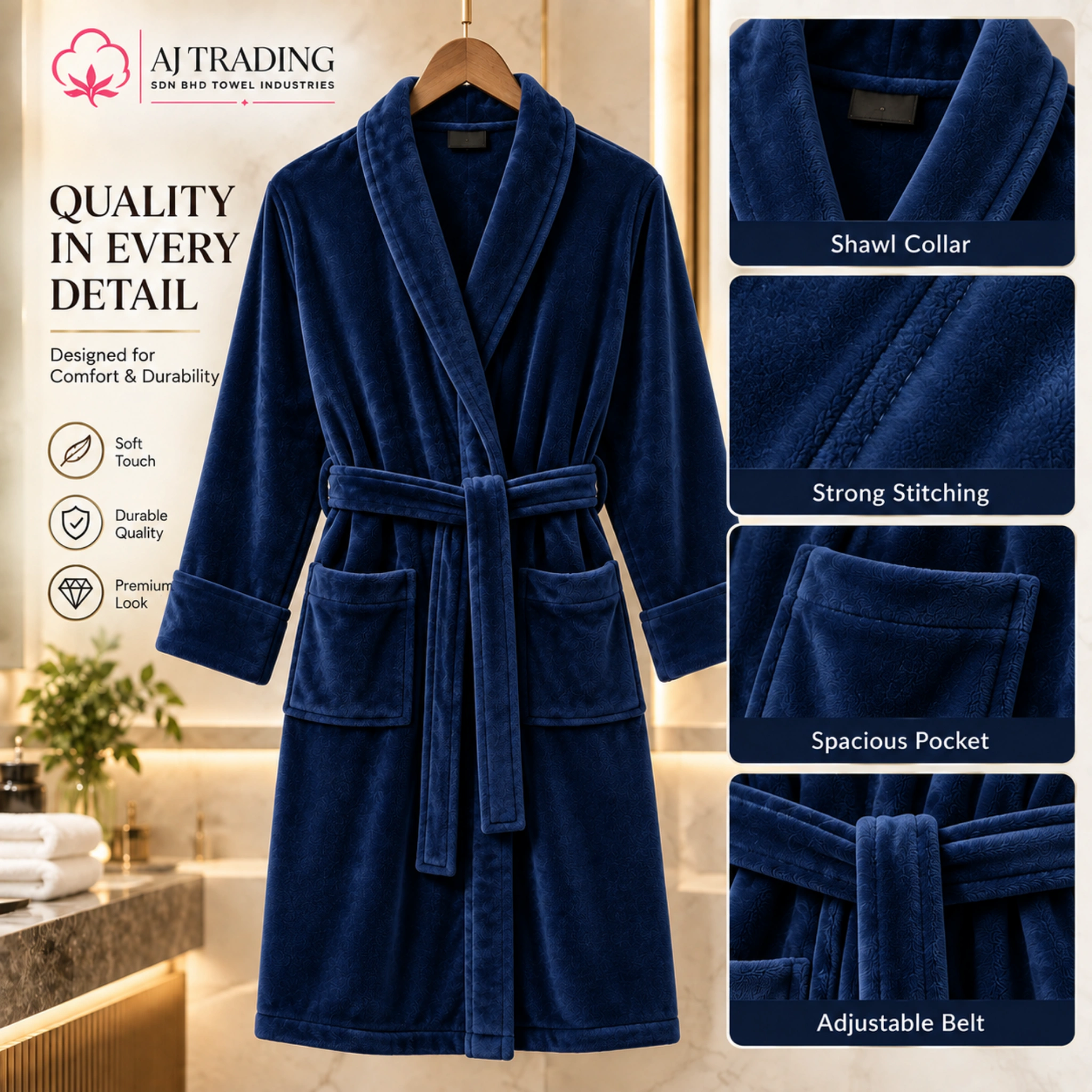 Fleece Bathrobe with Adjustable Waist Belt and Strong Stitching