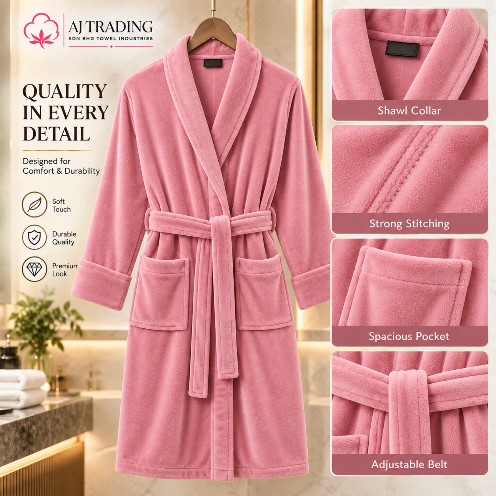 Fleece Bathrobe with Adjustable Waist Belt and Strong Stitching