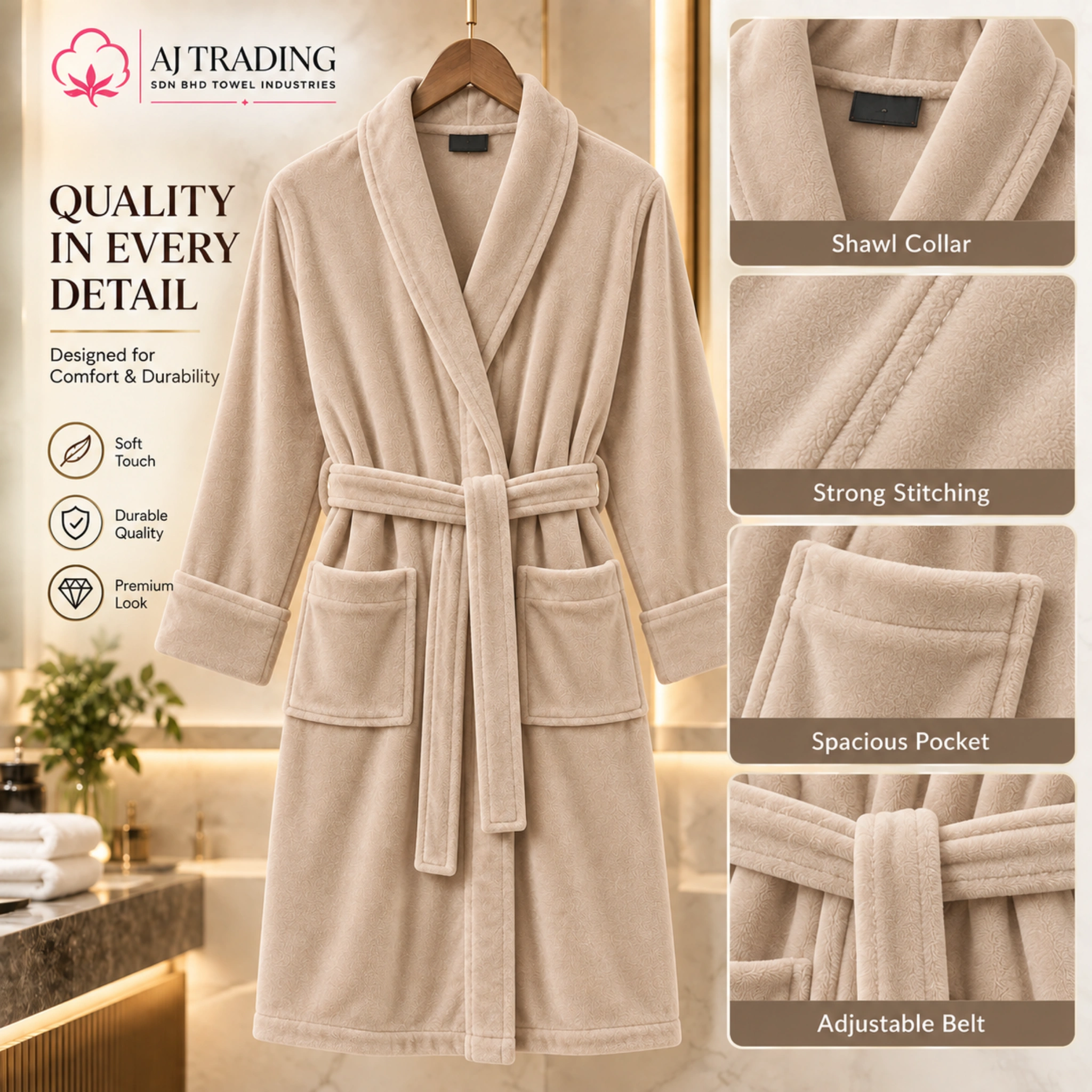 Fleece Bathrobe with Adjustable Waist Belt and Strong Stitching