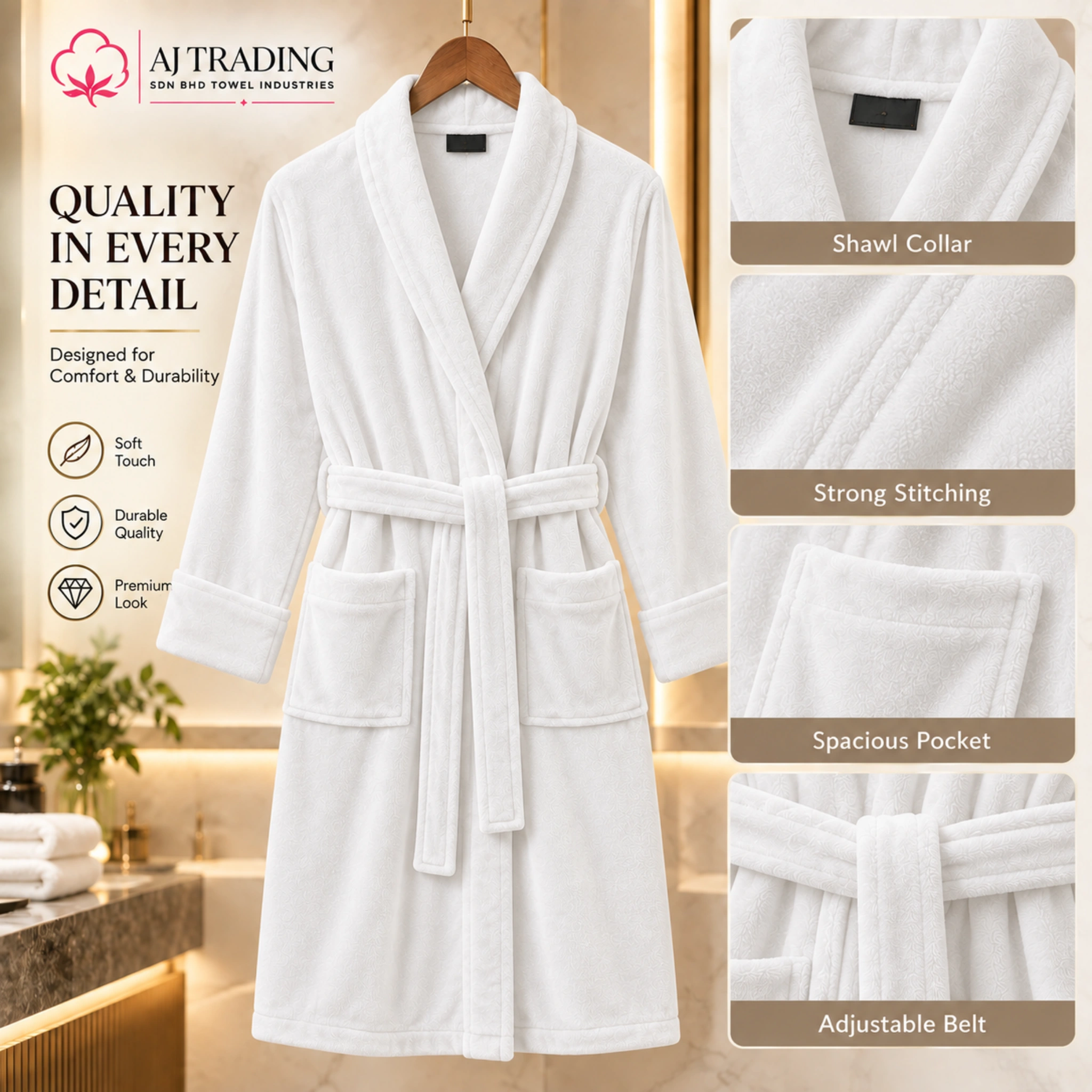 Fleece Bathrobe with Adjustable Waist Belt and Strong Stitching