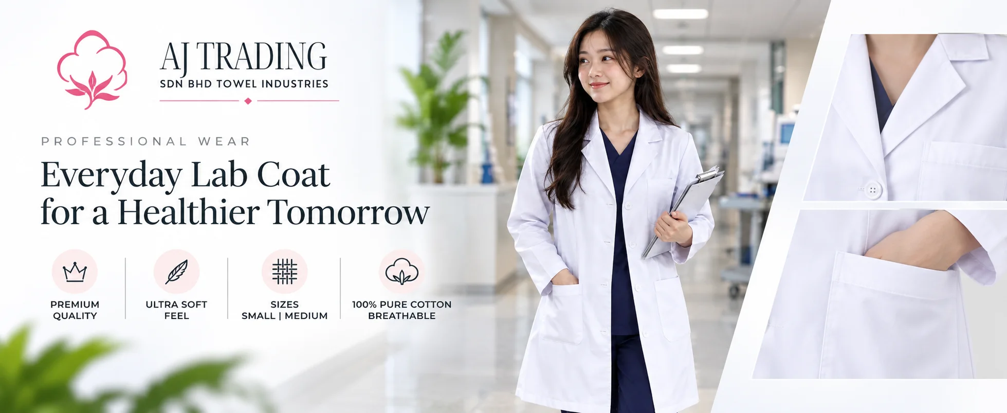 White cotton lab coat with three pockets